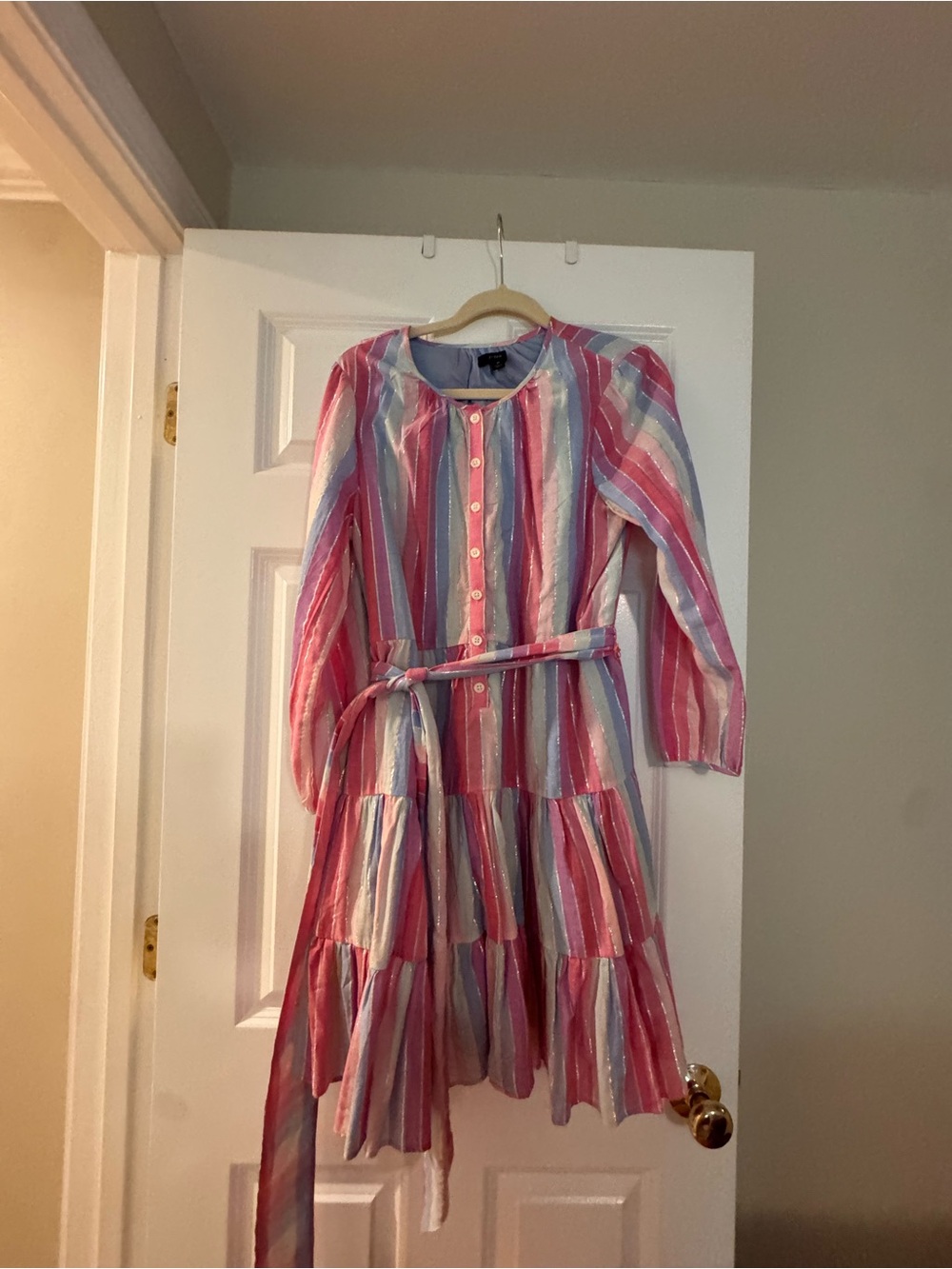 J. Crew Pink, Blue and White Striped Tiered Button-Front Midi Dress